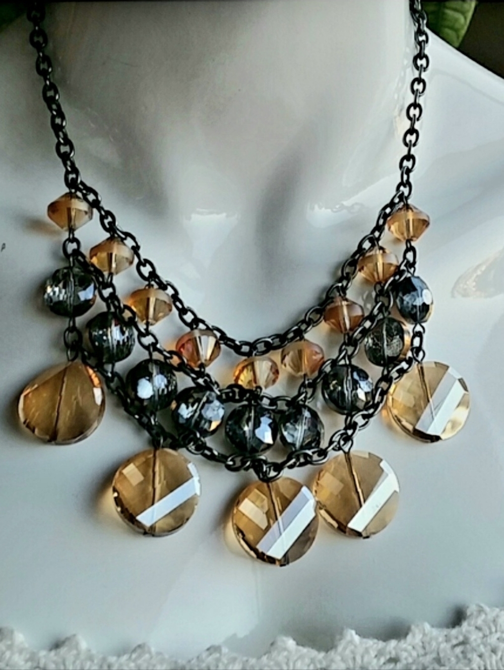 Crystals Chunky Statement Boho Necklace Yelllow Dark Metal Chain